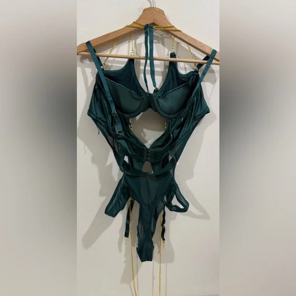 Frederick's of Hollywood Emerald Green Chain-Accent Teddy - Picture 5 of 7